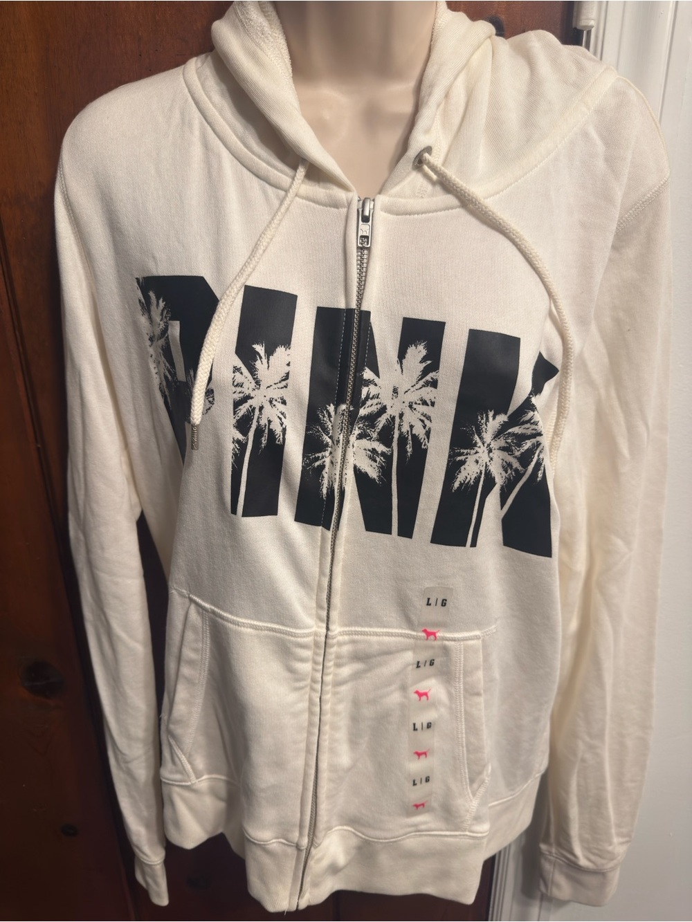 NWT Pink Victoria’s Secret White Full Zip Hoodie Palm Tree Logo Women’s Large